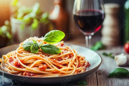 Perfectly plated spaghetti in rich tomato sauce photo