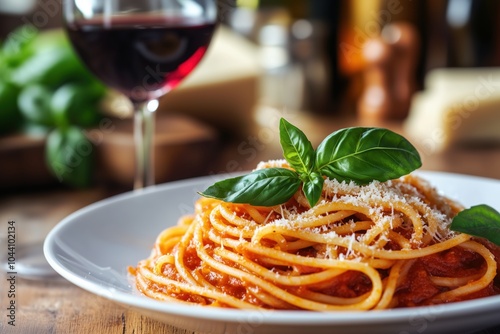 Plate of Italian spaghetti in aromatic tomato sauce photo