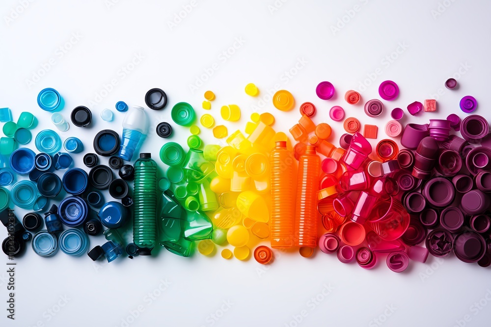 Fototapeta premium Colorful plastic bottle caps arranged in rainbow gradient on white background, capturing vibrant color and recycling concept.