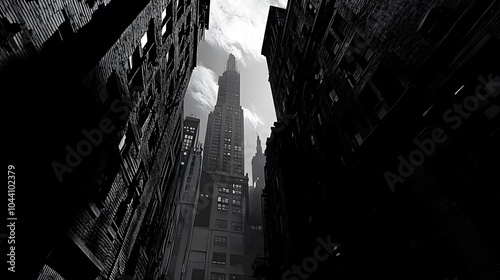 A black and white image of city buildings with dramat photo