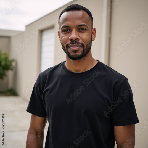 An African American model wears a black tee against an outdoor backdrop highlighted by white accents photo