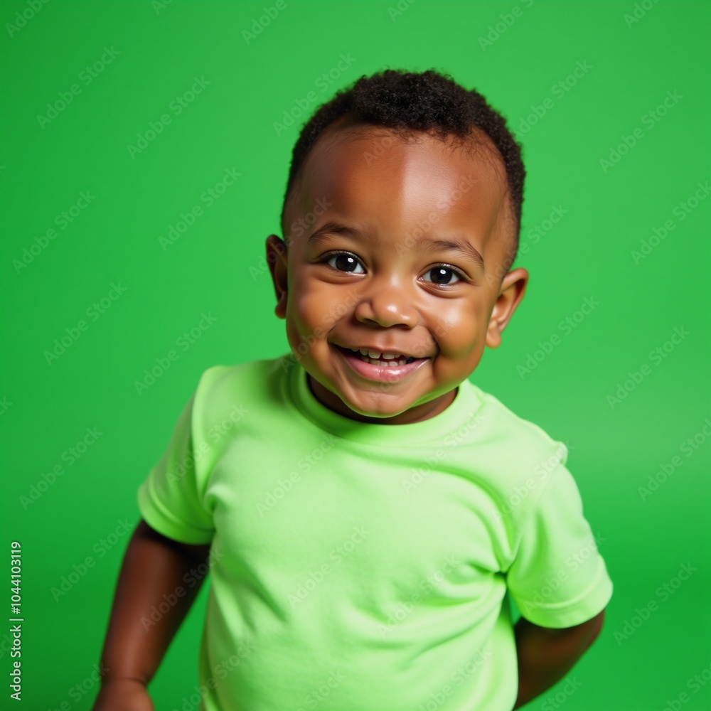 Cute African-American baby boy in green T-shirt laughing against bright green backdrop Portrait Cute African-American baby boy in green T-shirt laughing against bright green backdrop Portrait