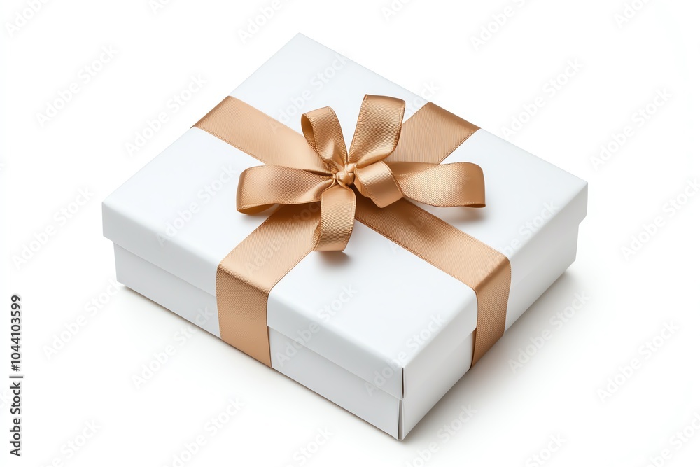 Obraz premium Elegant white gift box adorned with a shiny golden ribbon bow, perfect for celebrations and special occasions. Clean and minimalist design.