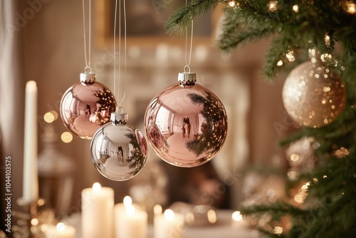 Elegant Christmas baubles glowing under soft candlelight photo