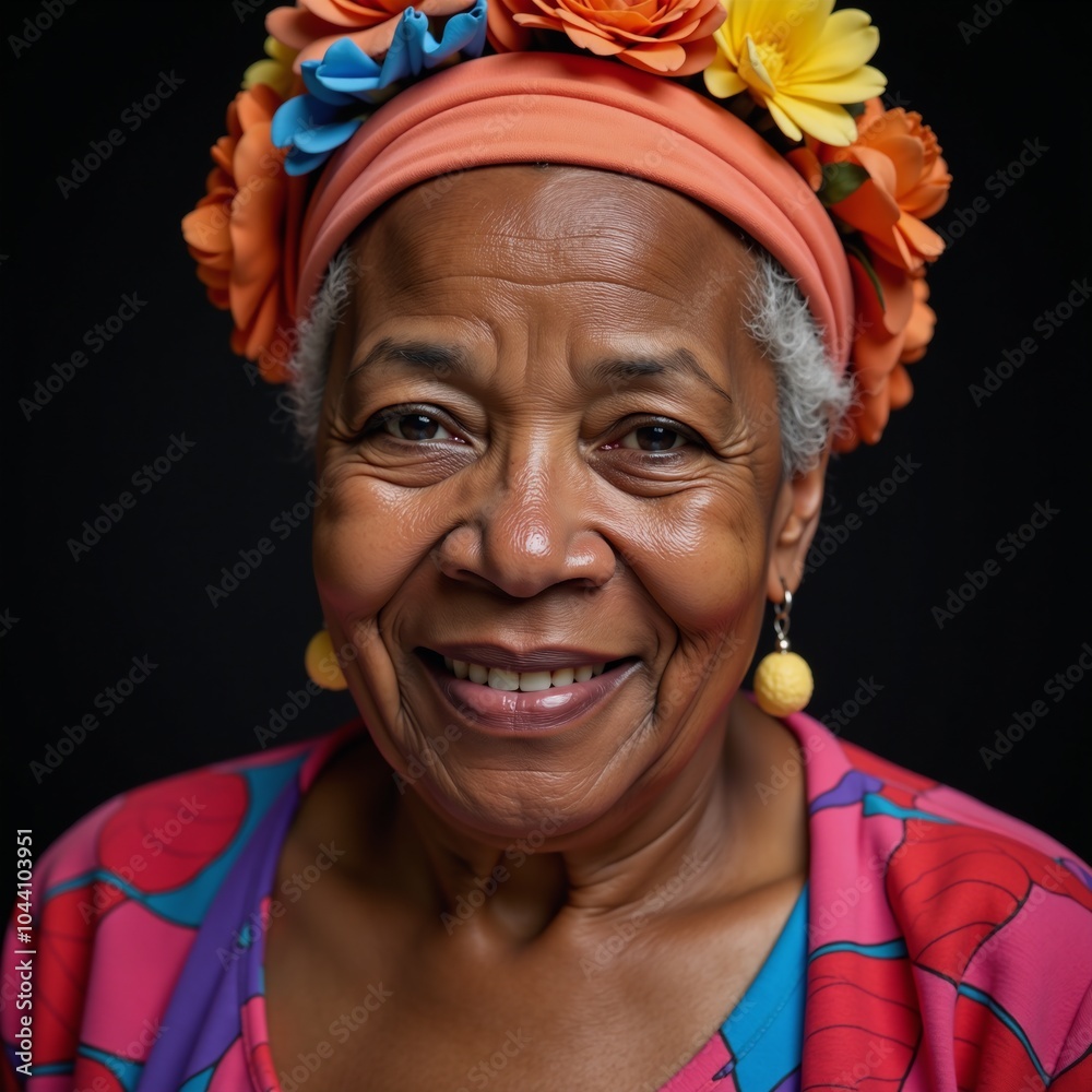 An elderly African-American woman donning a floral headpiece smiles warmly An elderly African-American woman donning a floral headpiece smiles warmly