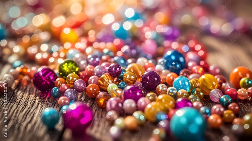 A close-up of colorful beads scattered on a wooden table A close-up of colorful beads scattered on a wooden table