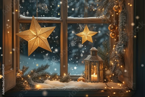 Festive window decor with stars, garlands, and lights photo