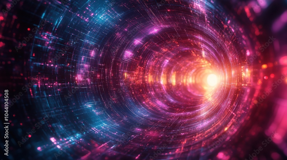 Quantum internet concept - futuristic tunnel with entangled particles in vibrant colors Quantum internet concept - futuristic tunnel with entangled particles in vibrant colors