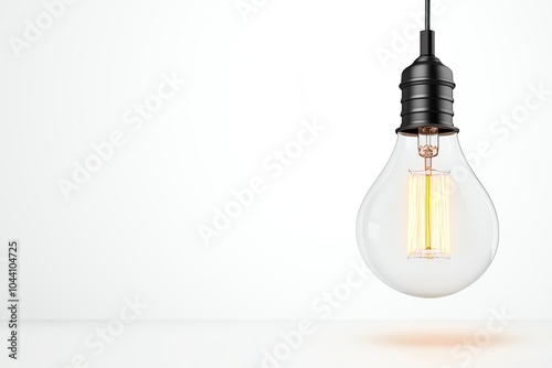 Minimalistic hanging light bulb on a white background. Represents creativity, innovation, and idea generation in a clean setting.