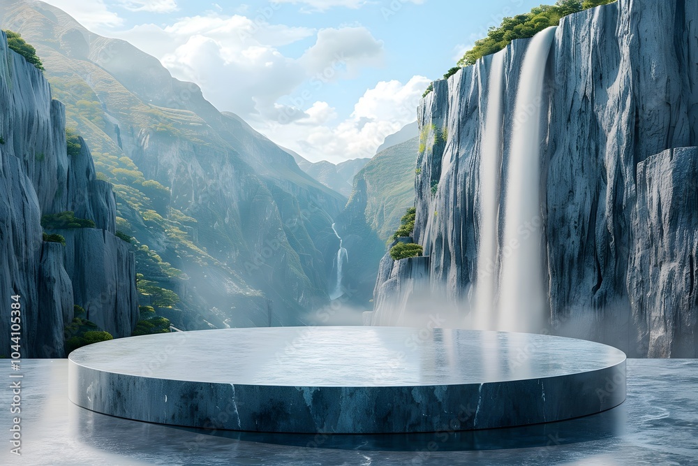 Serene Waterfall Landscape with Circular Platform