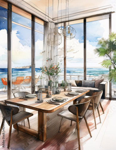 Sketch of a coastal dining room with ocean view and modern decor