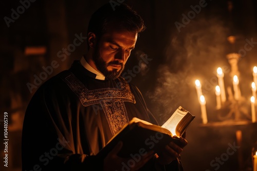 Priest performing a sacred ritual with candles, smoke, and holy scriptures, signifying exorcism. photo