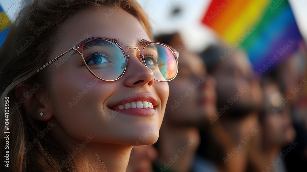 A young woman smiles with hope at a pride parade, with a rainbow flag waving in the background. A young woman smiles with hope at a pride parade, with a rainbow flag waving in the background.
