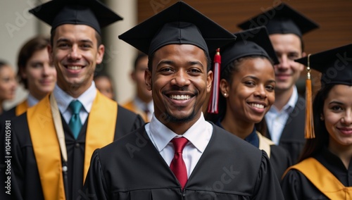 African American male grads happily don caps and gowns to celebrate their graduation photo