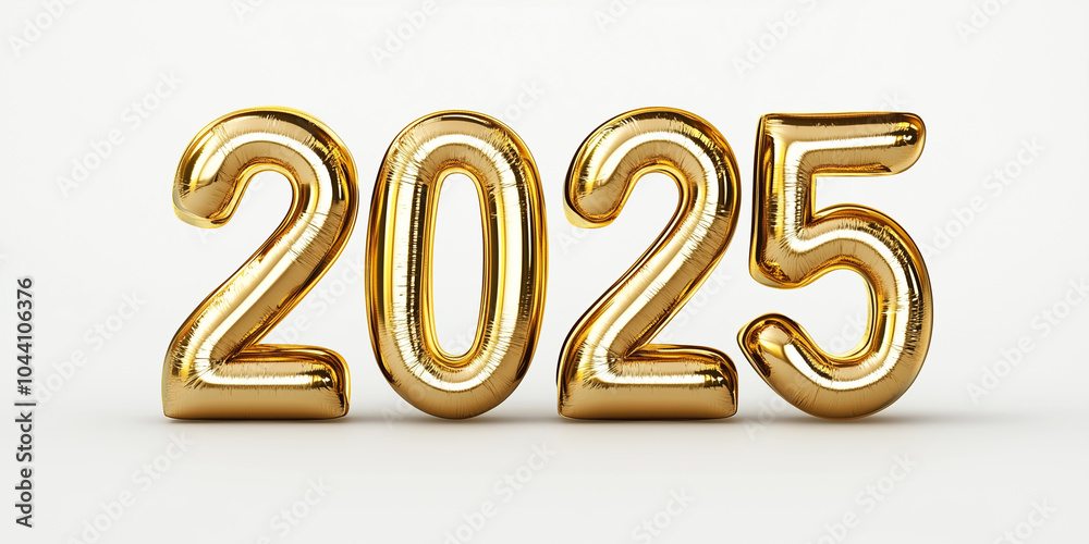 Numbers 2025, Gold Foil Balloons isolated on a white background for New Year's Eve celebration design template Numbers 2025, Gold Foil Balloons isolated on a white background for New Year's Eve celebration design template