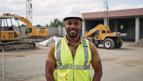 A confident African American construction worker is depicted wearing a hard hat and safety vest against an industrial backdrop portrait style photo