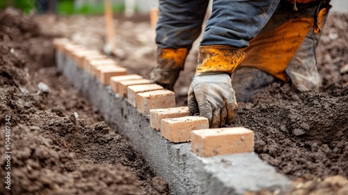 A construction worker laying bricks for a building fo