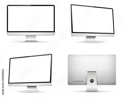 Computer monitor with empty display. Front, back and side view.