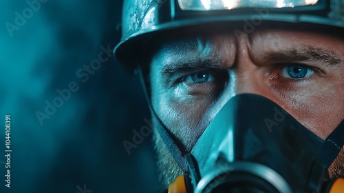 Close-up portrait of a miner wearing a respirator mask and helmet, looking intently at the camera in a dark, smoky environment. photo