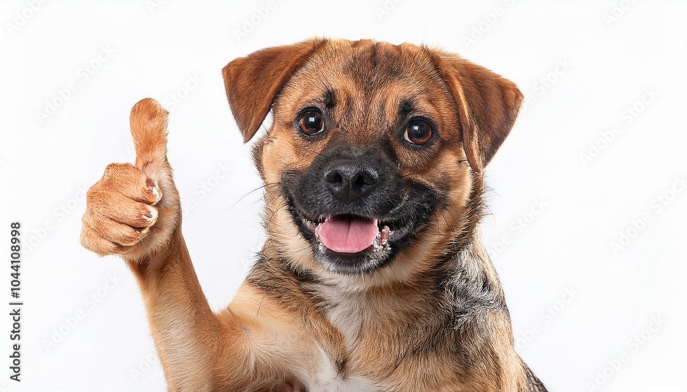 Obraz premium A cute dog is giving a thumbs up while smiling and looking at the camera; white background; selective focus; conceptual art; funny art; dog photography; graphic resources; graphic elements; funny joke