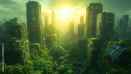 Future city, green city construction, carbon neutrality, towering office buildings surrounded by solar panels,