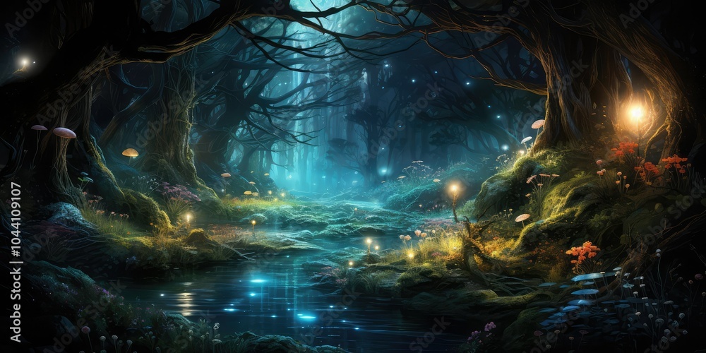 Enchanted forest at night