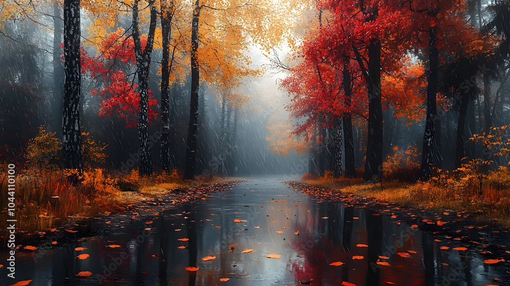A tranquil autumn scene featuring vibrant red and yellow leaves with a misty forest backdrop. A tranquil autumn scene featuring vibrant red and yellow leaves with a misty forest backdrop.