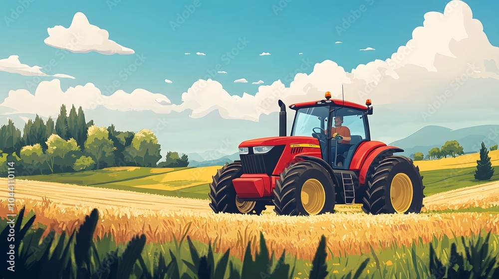 Fototapeta premium A farmer driving a tractor through a field