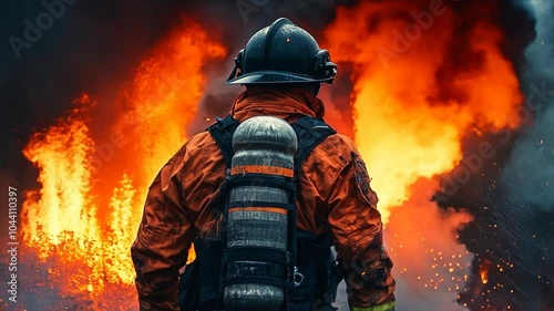 A firefighter stands resolutely before a raging inferno, showcasing bravery amidst swirling smoke and fiery chaos.