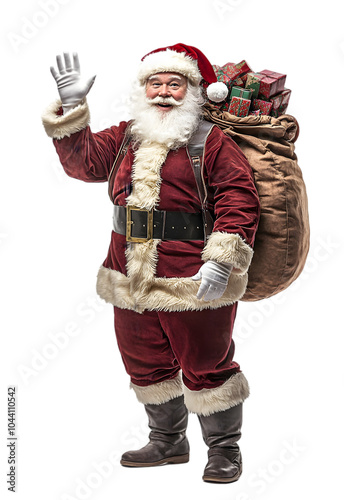 Jolly Santa Claus with a sack full of presents waving to the camera. isolated on a tranparant background.