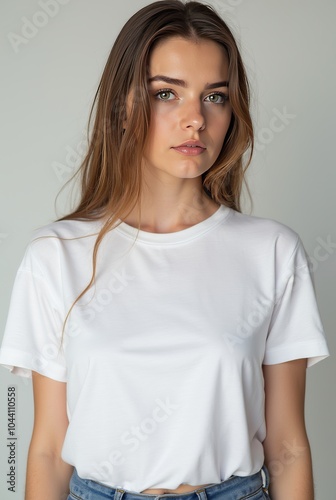 Girl Wearing White Blank T-Shirt Mockup