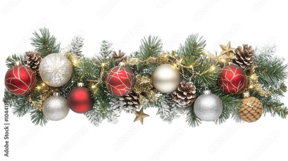 A festive Christmas garland with red, gold, and silver ornaments, pine cones, and lights. isolated on transparent background A festive Christmas garland with red, gold, and silver ornaments, pine cones, and lights. isolated on transparent background