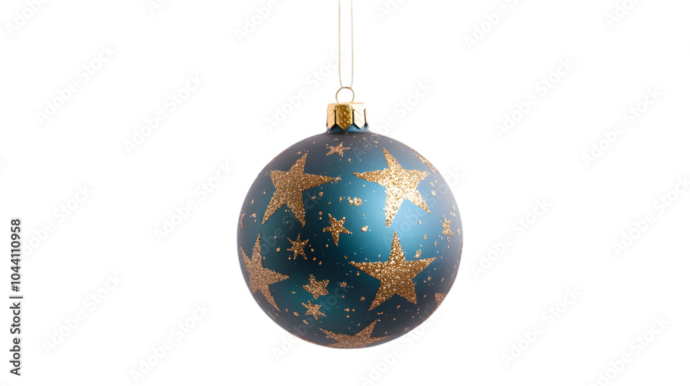 A single blue Christmas ornament with gold stars hanging from a gold string. isolated on transparent background A single blue Christmas ornament with gold stars hanging from a gold string. isolated on transparent background