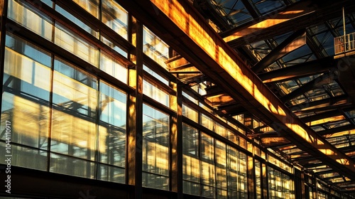 A modern industrial space illuminated by sunlight through large glass windows.