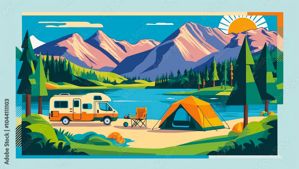Motorhome on the background of mountains, lake, summer, flat design illustration Motorhome on the background of mountains, lake, summer, flat design illustration