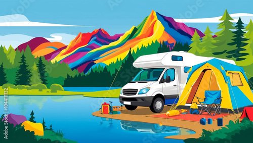 Motorhome on the background of mountains, lake, summer, flat design illustration