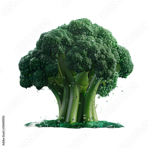 A single, fresh, green broccoli head with water droplets isolated on transparent background