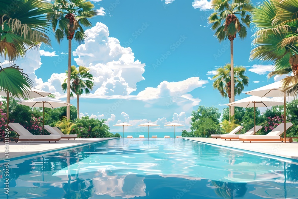 Fototapeta premium Serene Tropical Oasis with a Stunning Pool and Lush Palm Trees