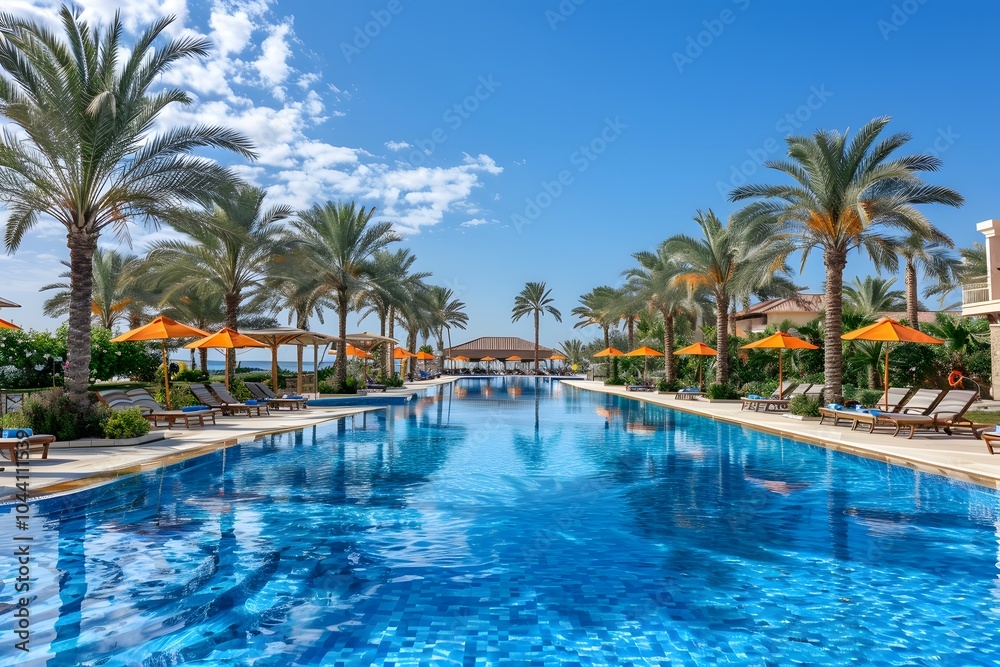 Serene Tropical Oasis with a Stunning Pool and Palm Trees