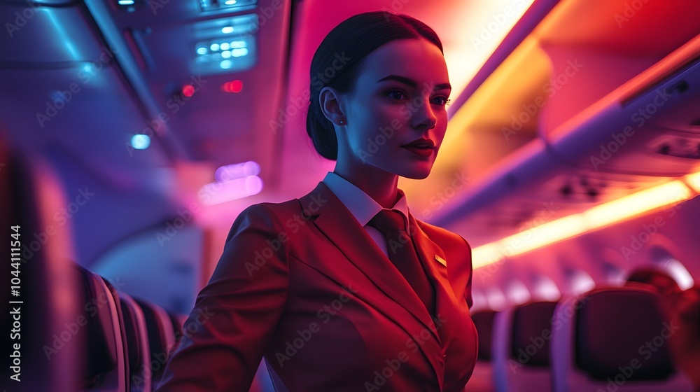Obraz premium A flight attendant assisting passengers on a plane