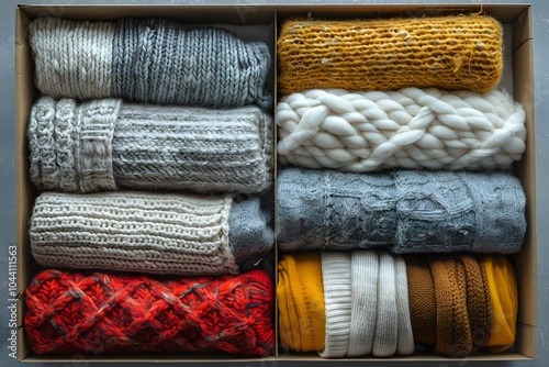 Cozy Collection of Knitted Textiles in a Neatly Organized Box photo