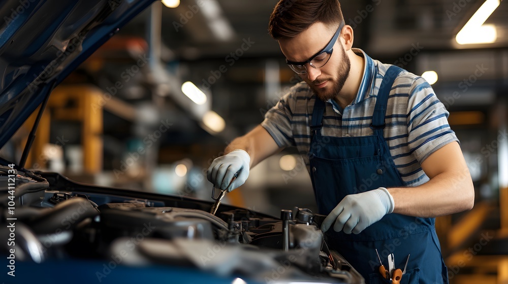 A mechanic repairing a car in an auto garage A mechanic repairing a car in an auto garage