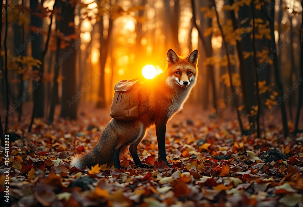 Fototapeta premium Young fox with a backpack walking along a path in a serene autumn forest, generative ai