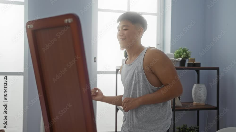 Young man practicing dance moves in front of a mirror in a wellness center with a relaxed and determined expression Young man practicing dance moves in front of a mirror in a wellness center with a relaxed and determined expression