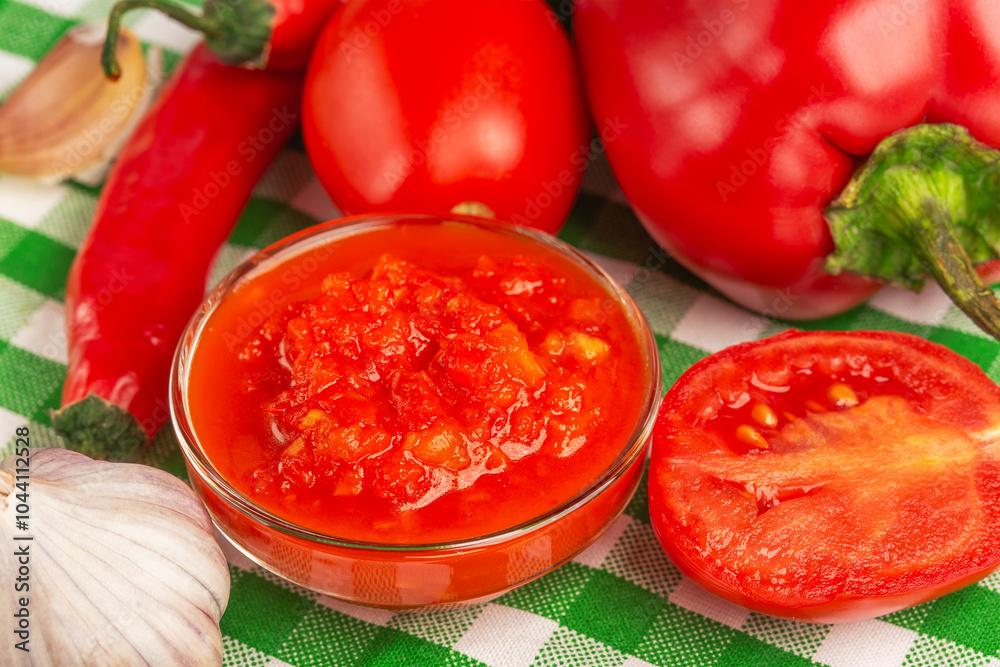 red tomato, garlic, hot and sweet pepper close-up red tomato, garlic, hot and sweet pepper close-up