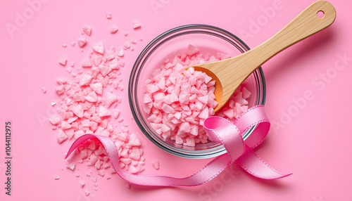 Beautiful granules of pink wax for depilation in a glass bowl, a wooden spatula and a ribbon in the shape of a heart on a pink background. I love waxing. Epilation, depilation, unwanted hair removal photo