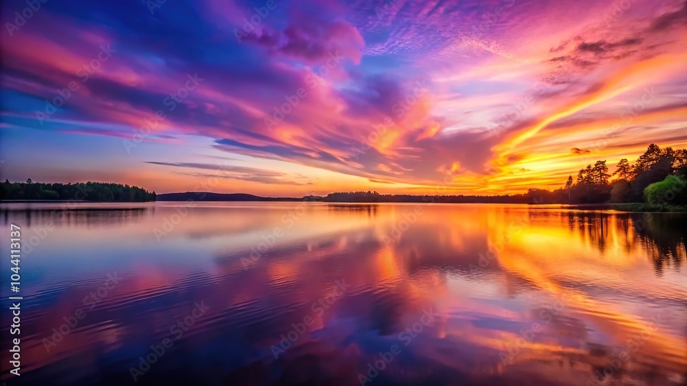 Obraz premium Scenic view of asymmetrical evening sky and lake in purple, pink, and orange colors