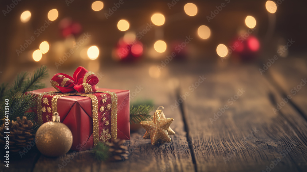 copy space, Christmas present with red and gold ribbon on a wooden background. Christmas composition with a gift box, ornaments, and lights. Shallow depth of field. soft warm light. Home interior. copy space, Christmas present with red and gold ribbon on a wooden background. Christmas composition with a gift box, ornaments, and lights. Shallow depth of field. soft warm light. Home interior.