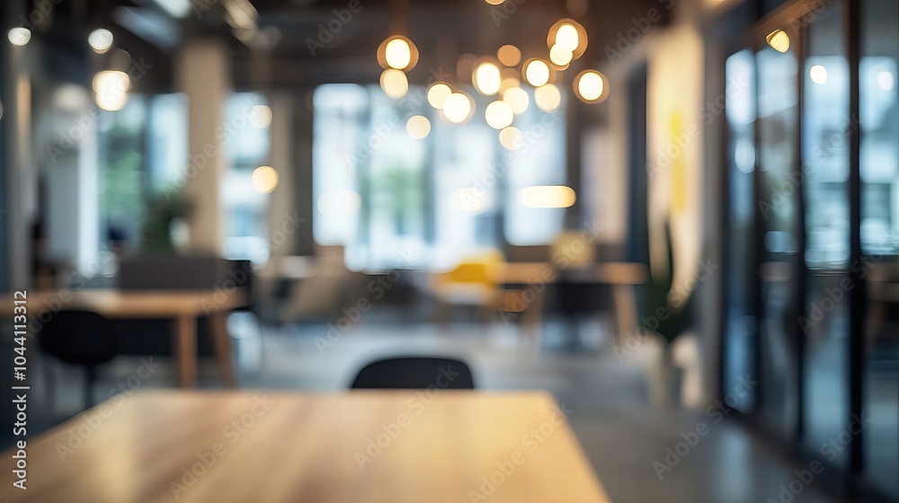 The interior of a modern office workspace is depicted with blurred details, featuring black, white, and wooden furniture in a partition-free layout The interior of a modern office workspace is depicted with blurred details, featuring black, white, and wooden furniture in a partition-free layout