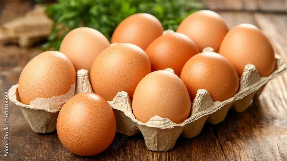 Fresh Brown Eggs in a Cardboard Carton on a Rustic Wooden Table, Perfect for Breakfast Fresh Brown Eggs in a Cardboard Carton on a Rustic Wooden Table, Perfect for Breakfast
